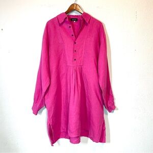 VTG Eskandar Sz 2 Bright Pink 100% Linen Oversized Collared Tunic Shirt Dress